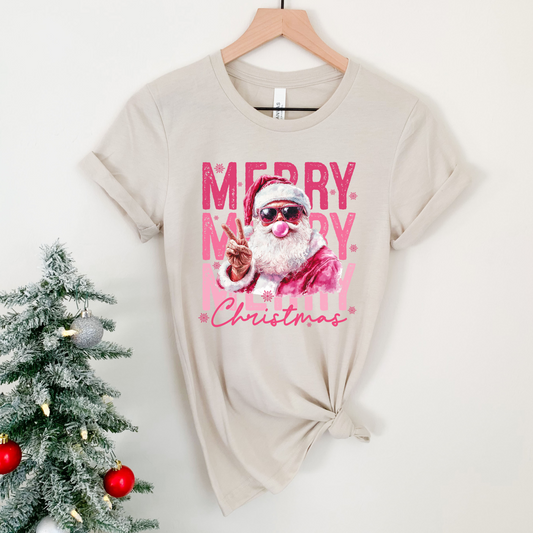 Merry Christmas Pink Santa Bubble Gum Peace T-Shirt