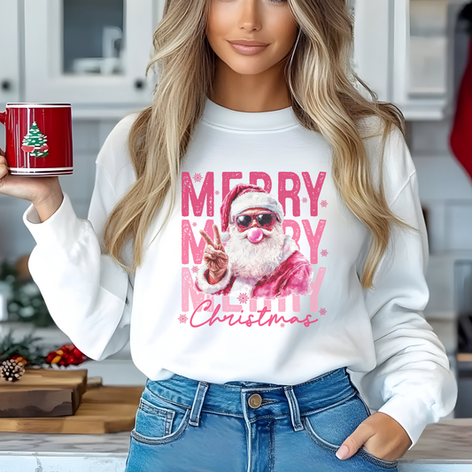 Merry Christmas Pink Santa Bubble Gum Peace T-Shirt Crewneck Sweater