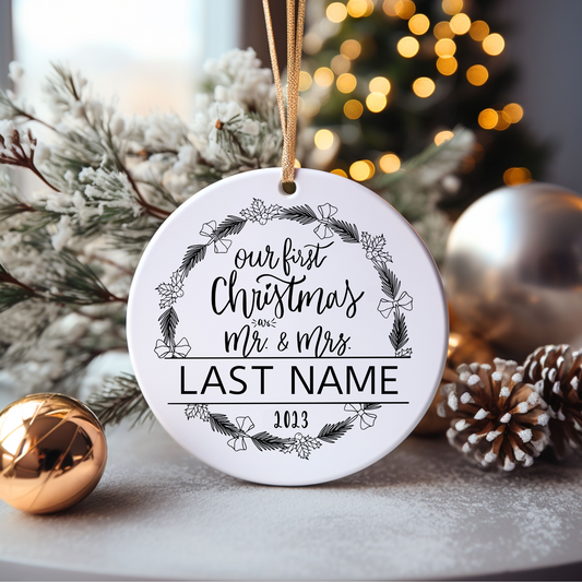 Personalized Our First Christmas as Mr. and Mrs. Ceramic Christmas Ornament