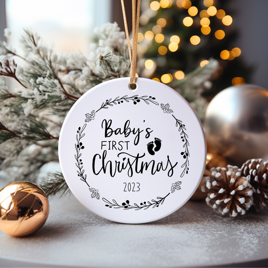Baby's First Christmas with footprints Ceramic Christmas Ornament