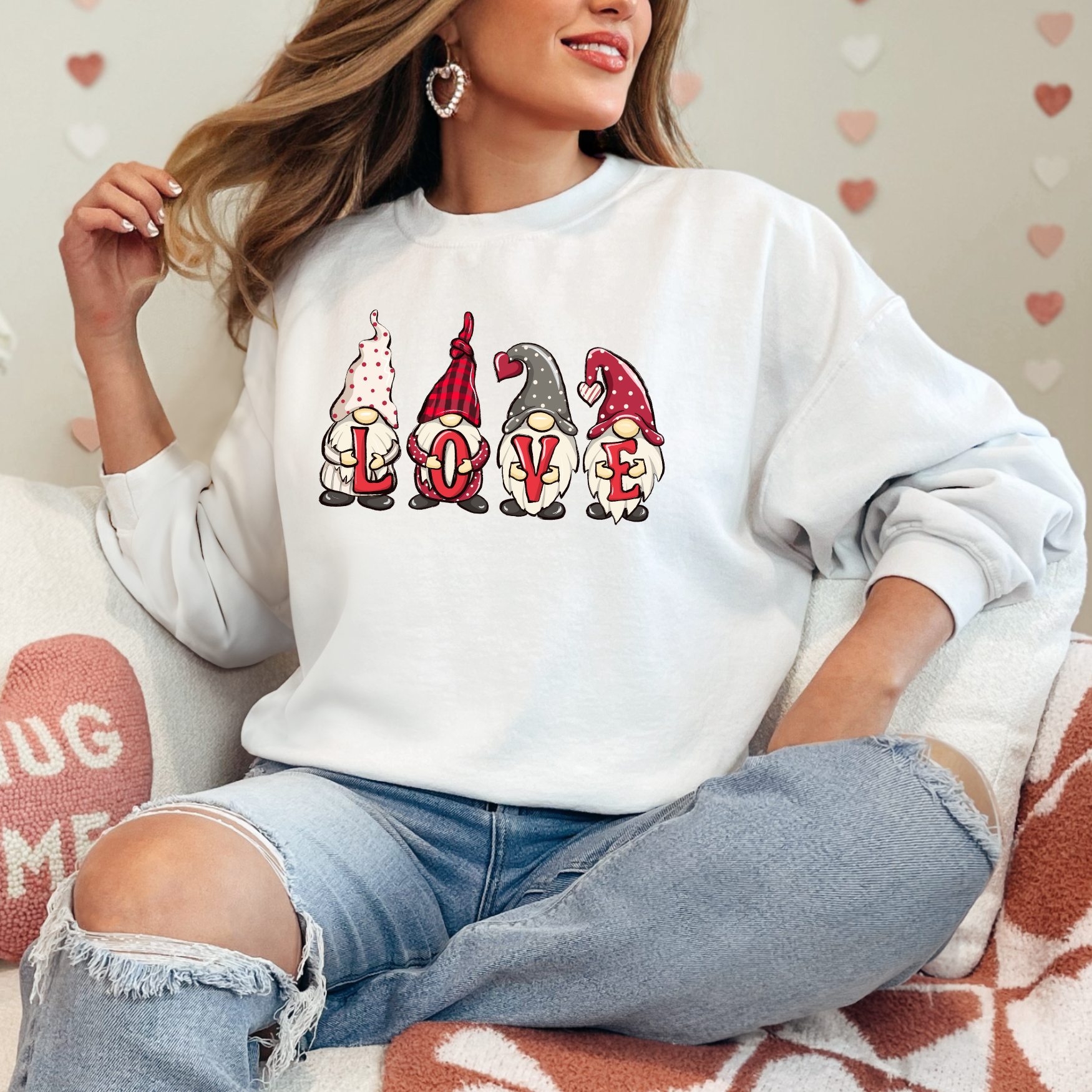 White Love Gnomes Crewneck Sweater