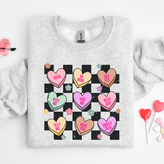 Distressed Valentines Conversation Hearts Crewneck Sweater