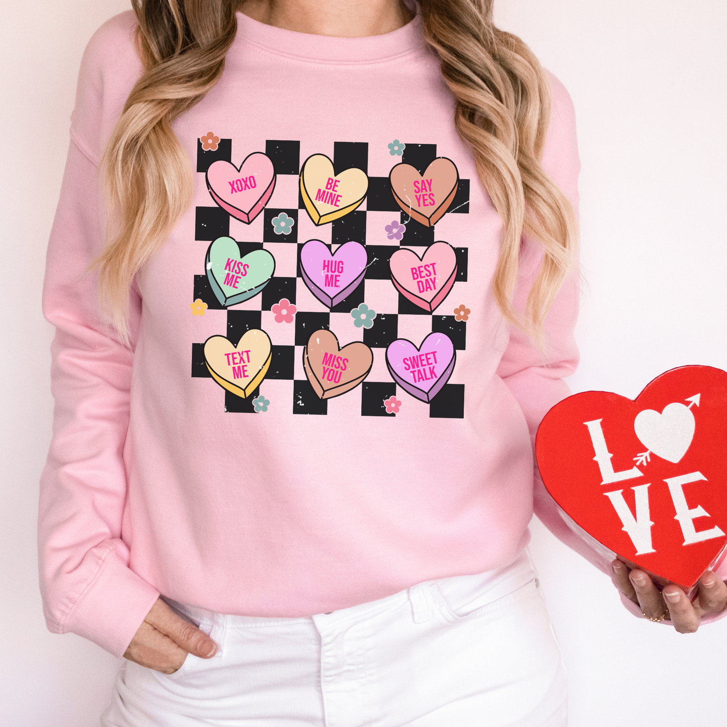 Distressed Valentines Conversation Hearts Crewneck Sweater