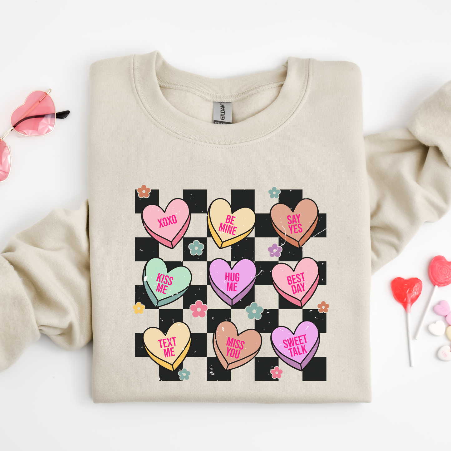 Distressed Valentines Conversation Hearts Crewneck Sweater