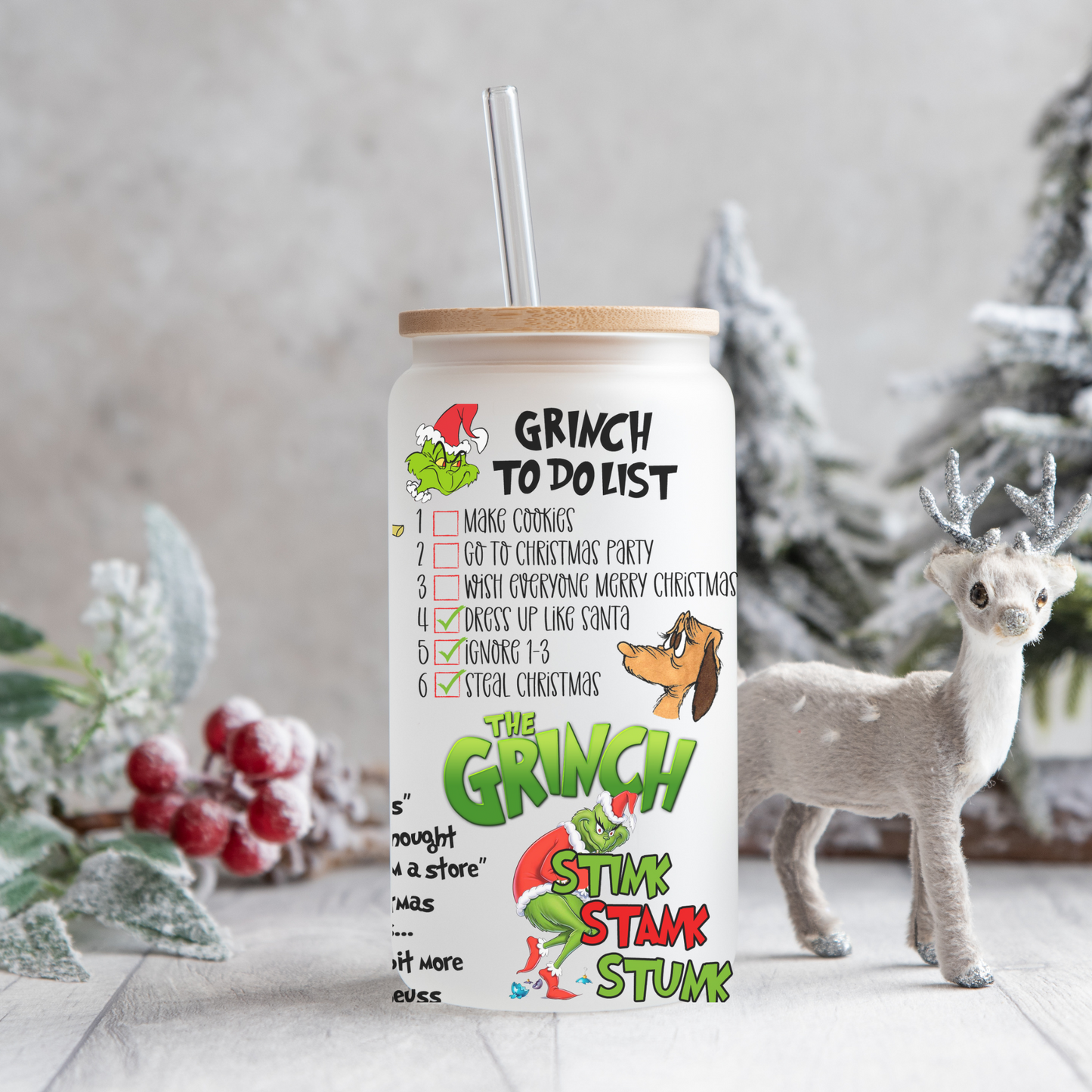 Frosted Grinch Christmas Libbey Can Glass
