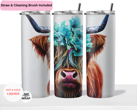 Highland Cow with Turquoise Flowers 20 oz Double Layer Vacuum Tumbler