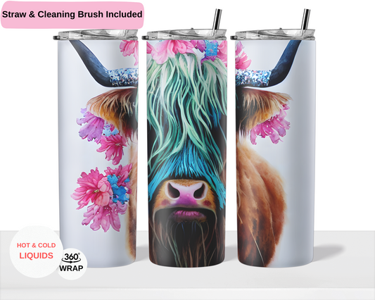 Highland Cow with Pink Flowers 20 oz Double Layer Vacuum Tumbler