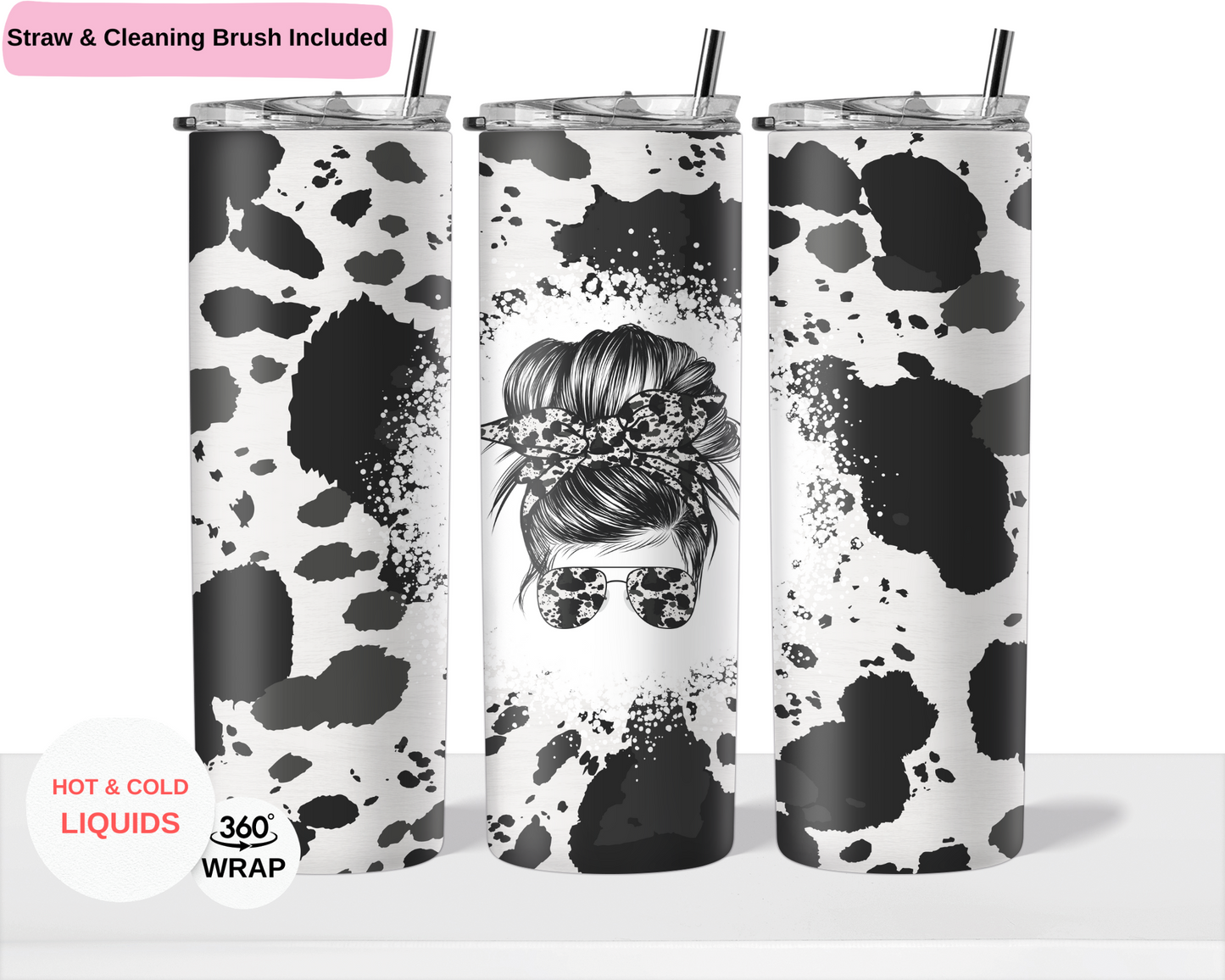 Messy Bun & Sunglasses Cow Print 20 oz Double Layer Vacuum Tumbler