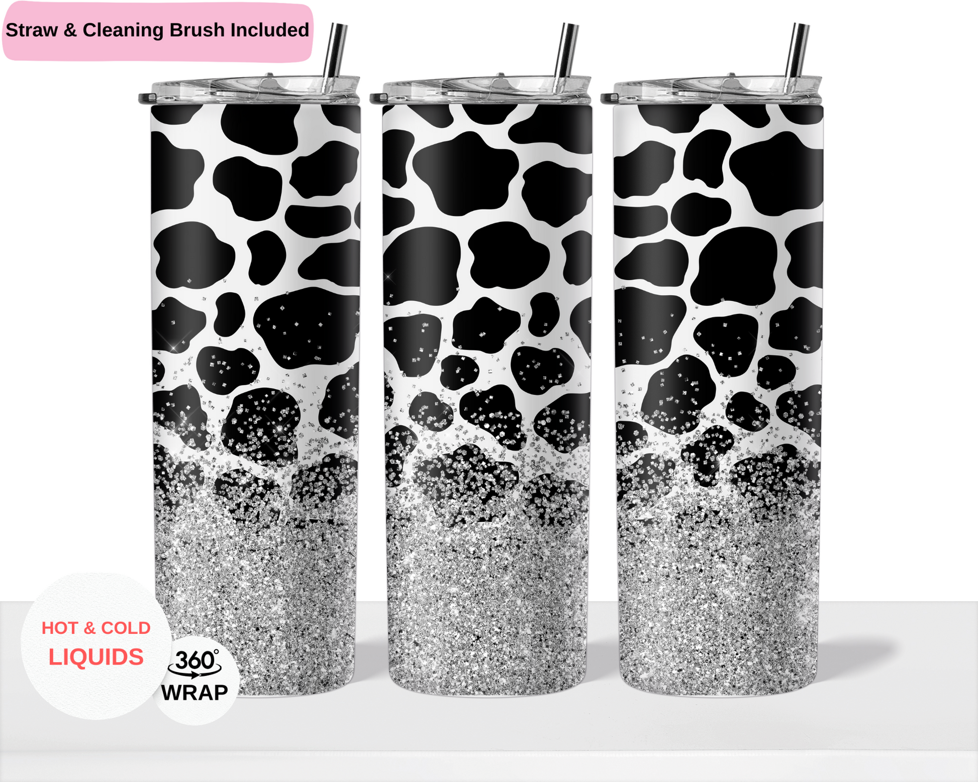 Black & White Cow Spot Tumbler / Cow Glitter Tumbler